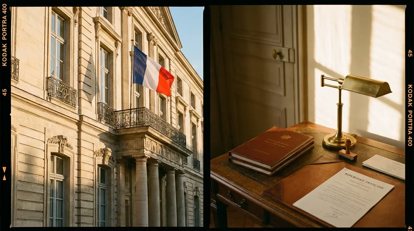 Bâtiment officiel français avec un drapeau tricolore et des documents réglementaires au premier plan